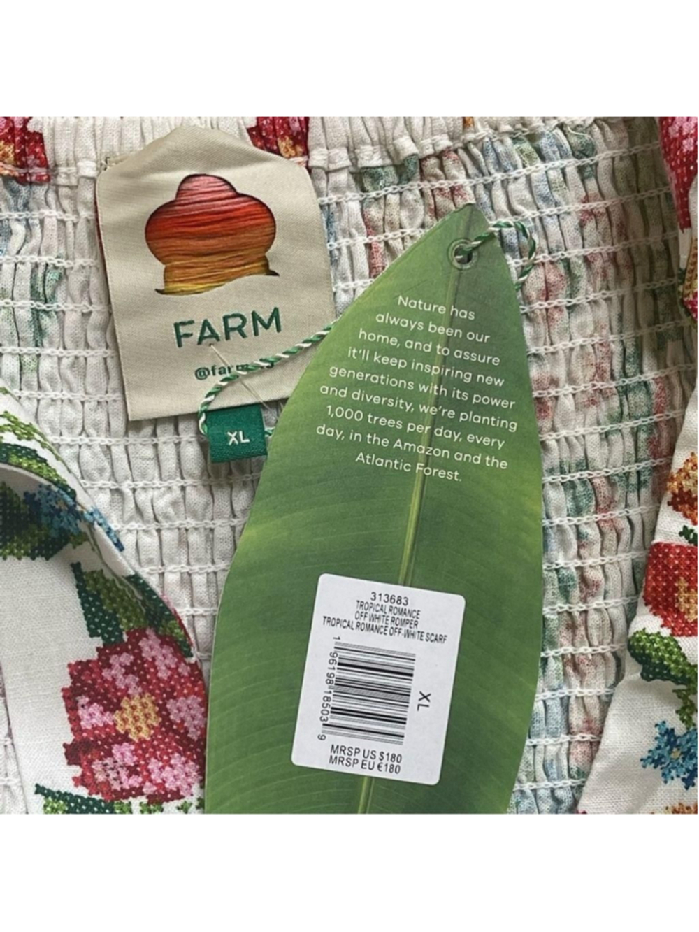 Farm Rio Crosstitch Floral Belted Romper linen blend off-white Cottagecore Sz XL - Picture 10 of 15